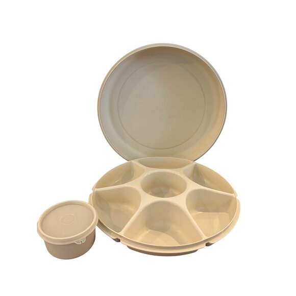 vintage Tupperware Round Relish Tray Beige 14-Inch Divided Serving Platter With - Picture 7 of 8